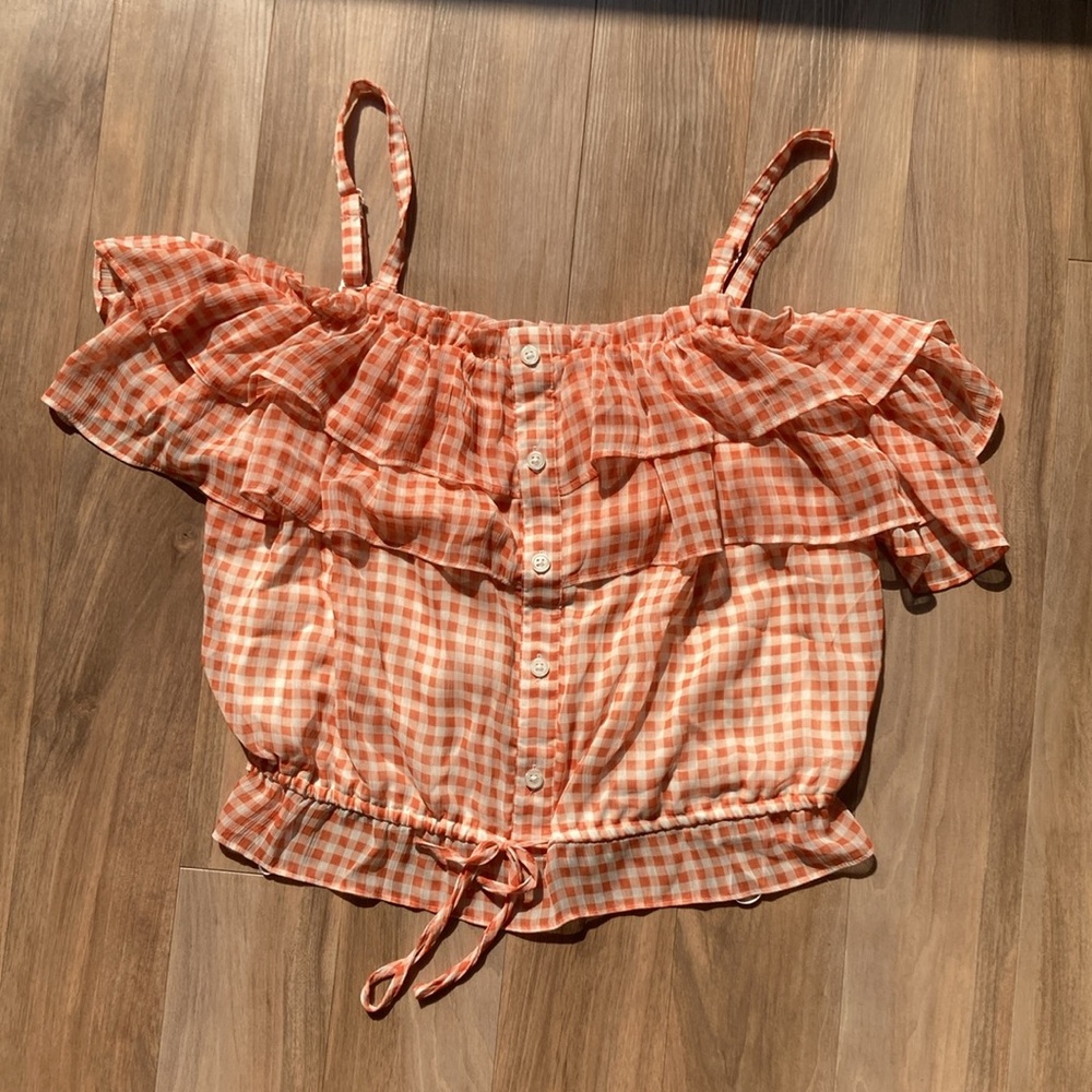 LC Lauren Conrad check print ruffle detail boho top L - Picture 4 of 17